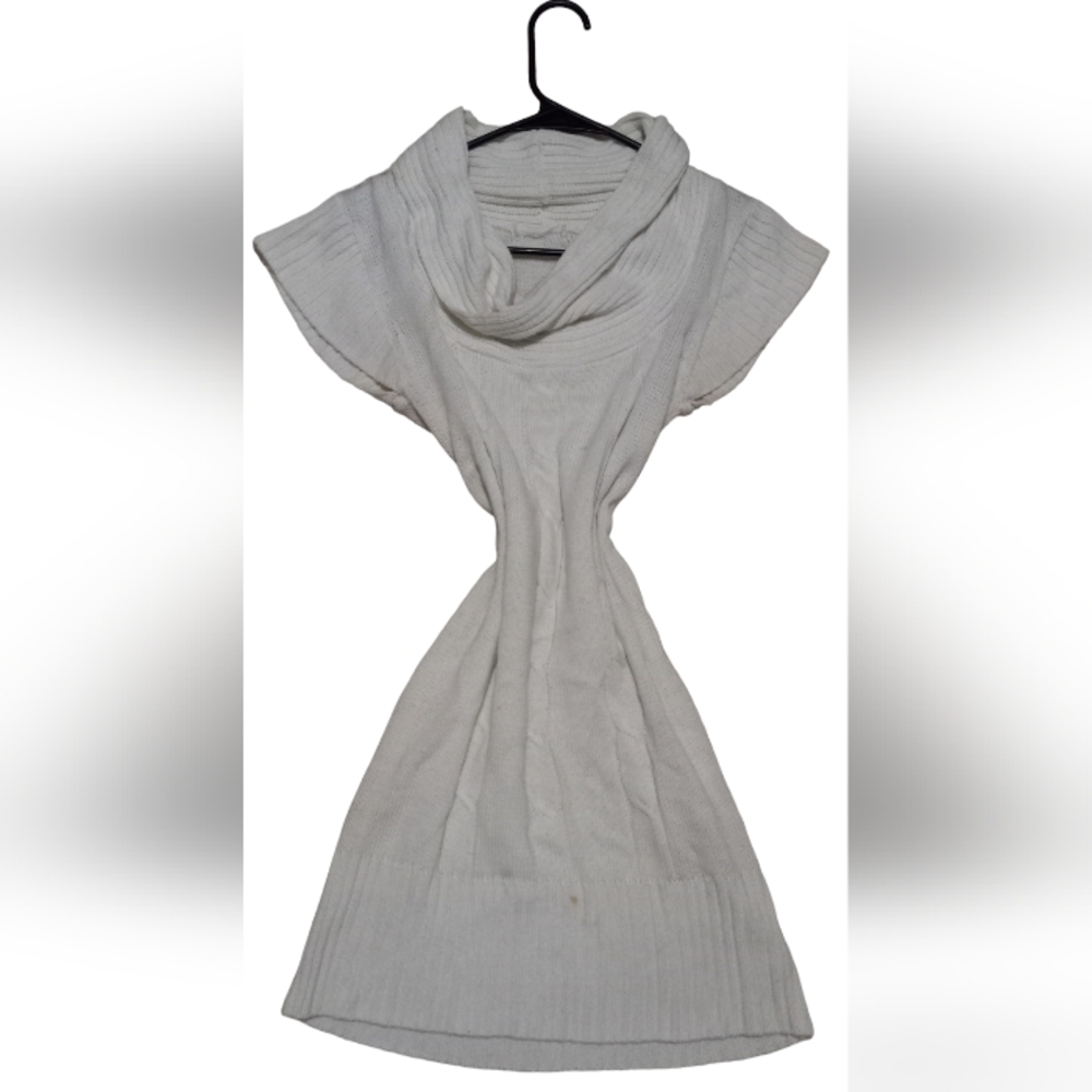 Midi Cotton White Knitted Dress Slouch Collar